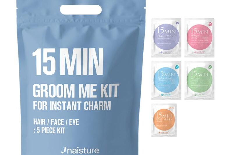 15 Min Groom Me Kit by Naisture – Korean At Home Spa Kit for Men with Hair Mask, Collagen Mask, Tea Tree Face Mask, Hyaluronic Acid Mask, and Eye Mask