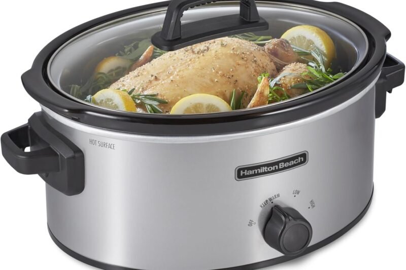 Hamilton Beach 6-Quart Slow Cooker with 3 Cooking Settings, Dishwasher-Safe Stoneware Crock & Glass Lid, Silver (33665G)
