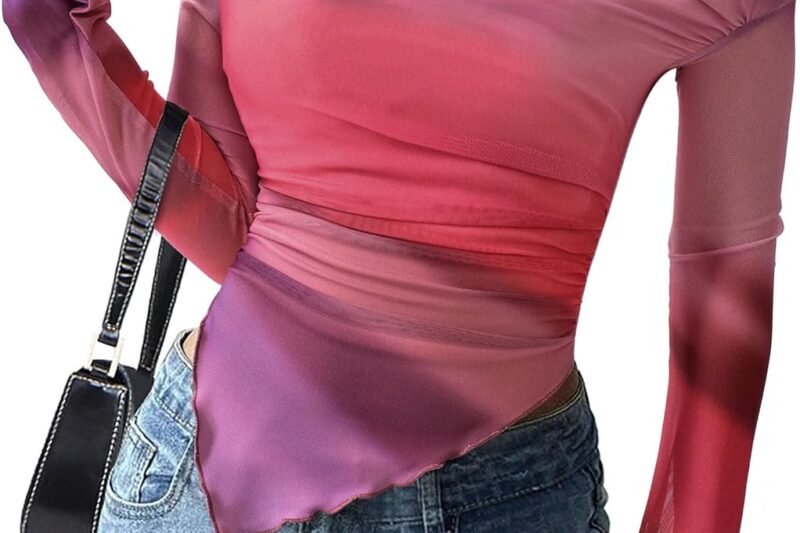 PRETTYGARDEN Womens Fall Trendy Off Shoulder Y2k Tops 2025 Tie Dye Mesh Long Sleeve Shirts Asymmetrical Ruched Floral Blouse