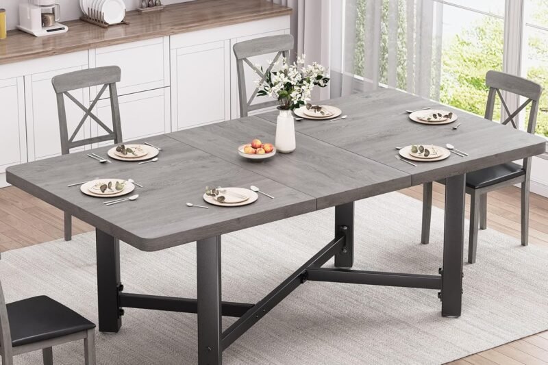 47.6-62” Industrial Dining Table for 4-6, Extendable Kitchen Dining Room Table, Space Saving Rectangle Long Wooden Expandable Dining Tables with Sturdy Metal Frame for Kitchen Living Room (Grey)