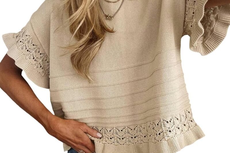 Yeokou Womens Short Sleeve Sweater Round Neck Ruffled Hem Knit Crochet Pullover Summer Fall Casual Top Blouse