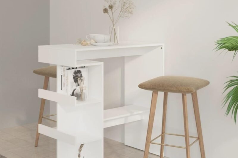 Modern Bar Table with Storage Rack, Counter Height Dining Table, Kitchen Bar Table, White 39.4″x19.7″x40″ Engineered Wood,-167