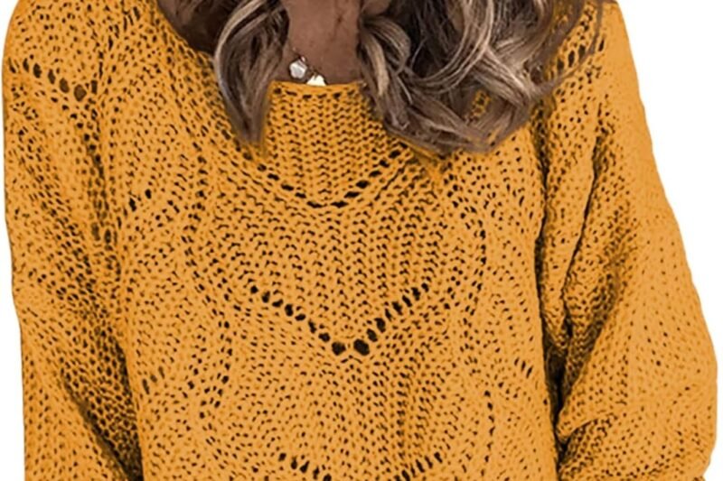 Dokotoo Womens Sweaters 2025 Crewneck Cute Elegant Soft Long Sleeve Hollow Cable Knit Pullover Tops