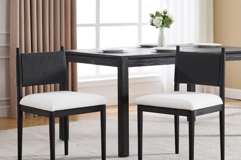 HEAH-YO Wood Dining Chairs Set of 2, Upholstered Linen Armless Kitchen Chairs with Backrests, Modern Dining Room Chairs for Kitchen, Beige