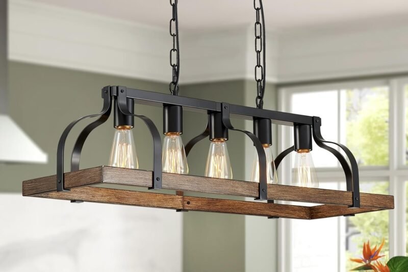 WUZUPS 5-Light Metal Chandelier Imitation Wood Grain Linear Pendant Ceiling Lighting Rustic Farmhouse Fixture Kitchen Island Dining Room, H 8.5″ L 31.5″ W10, E26 Base, Black & Retro Wood