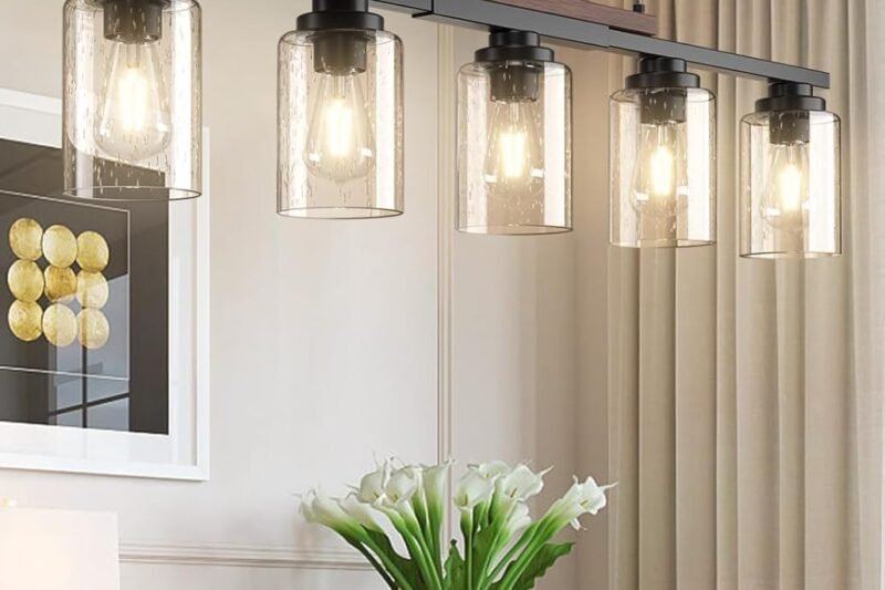 Amico Dining Room Light Fixture 5-Light Kitchen Island Lighting with Adjustable Rods, Farmhouse Decor Black Metal & Wood Chandelier with Seeded Glass Shade, Island Lights for Kitchen