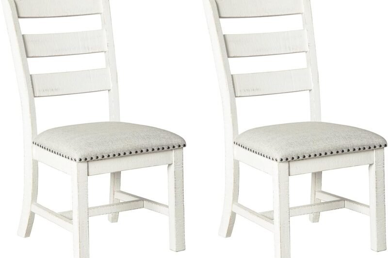 Signature Design by Ashley Valebeck Farmhouse Cushioned Dining Chair, 2 Count, Nailhead Trim, Fabric Upholstery, Solid Wood, 39″ Seat Height, Whitewash