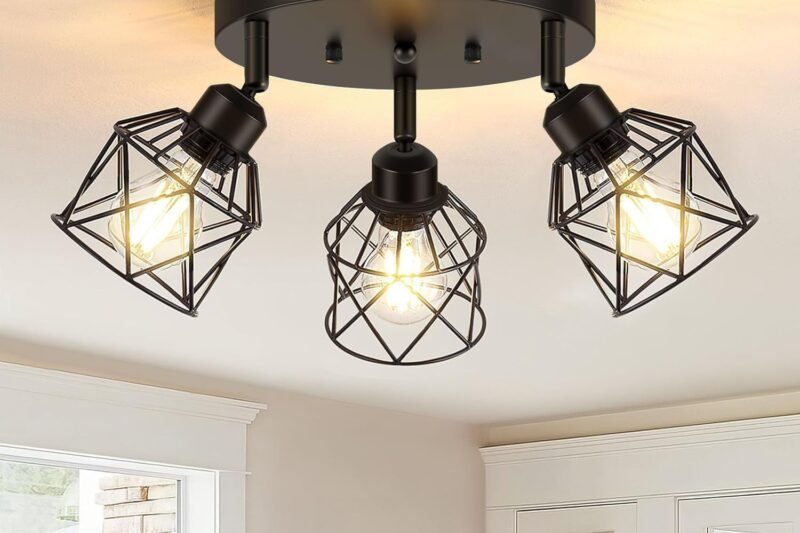 3-Light Kitchen Flush Mount Ceiling Light, Adjustable Multi-Directional Ceiling Light Fixture, Farmhouse Black Metal Cage Close to Ceiling Lamp for Dining Room Bedroom Hallway