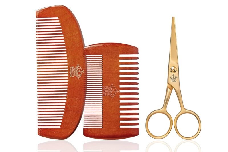 Red by Kiss Premium Beard Grooming Kit, 2 Premium Wood Combs & Professional Shear Set for Men, Complete Facial Hair Styling, Maintenance Kit with Ergonomic Design, Easy to Carry