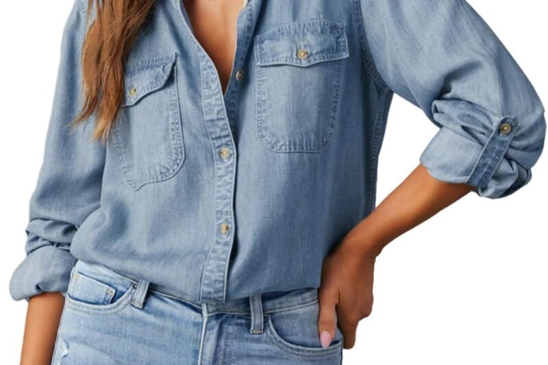 Astylish Women Button Down Denim Shirts Casual Long Sleeve V Neck Chambray Blouse Top
