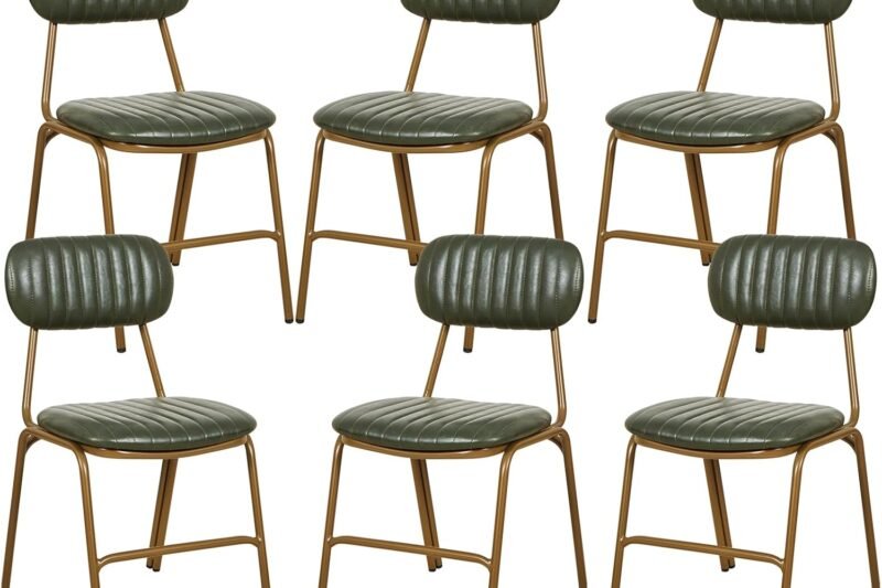 Mid Century Modern Dining Chairs, Retro Dining Chairs with Faux Leather Upholstered Seat and Metal Plated Legs, Kitchen Chairs for Dining Room, Kitchen, Restaurant (Dark Green, Set of 6)