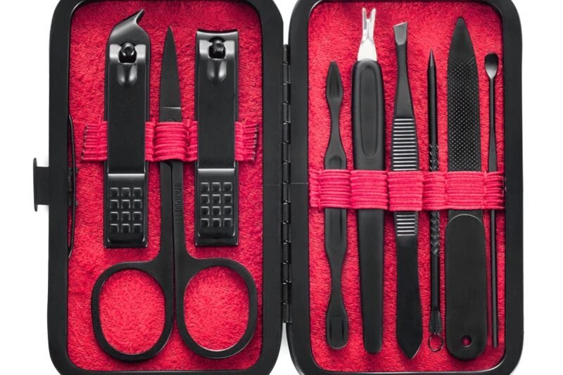 Manicure Set 9 in 1 Stainless Steel, Nail Clippers Scissors Pedicure Tools Kit – Portable Travel Grooming Kit for Men and Women with Black/Red Leather Case (Red)