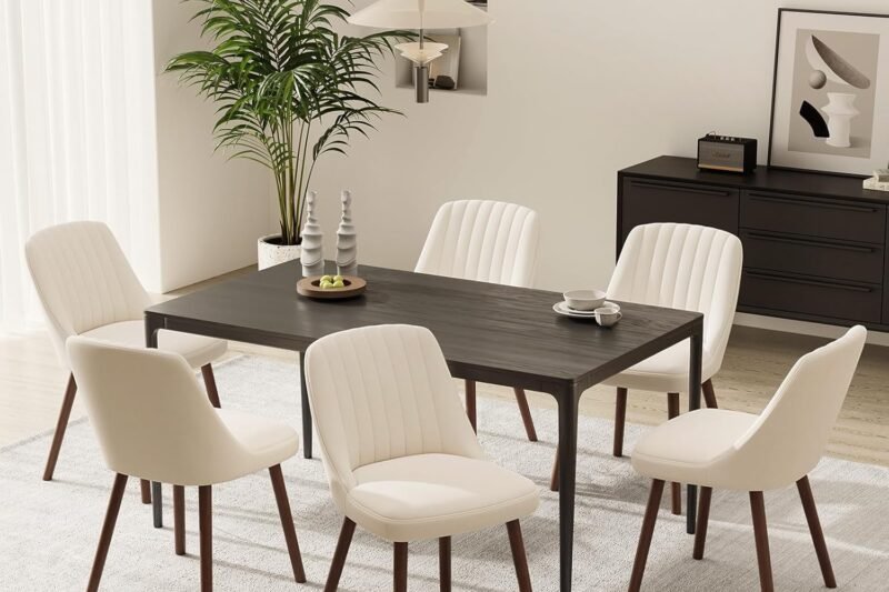 Upholstered Dining Chairs Set of 6, Modern Fabric Kitchen Chairs with Back, Wood Legs for Kitchen Dining Room Restaurant, Beige