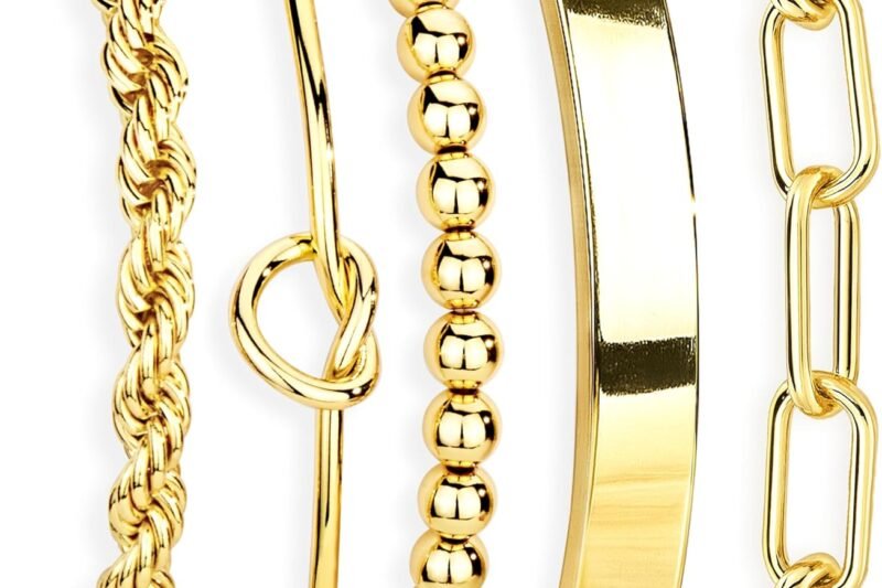 Christmas Gold Bracelets for Women Non Tarnish, 14K Gold Plated Chunky Cuff Bracelet Stackable Gold Bangles Bracelet for Women Trendy Tie Knot Cuban Rope Paperclip Beaded Bracelet Stack Jewelry Stocking Stuffer Gifts Fashion Accessories
