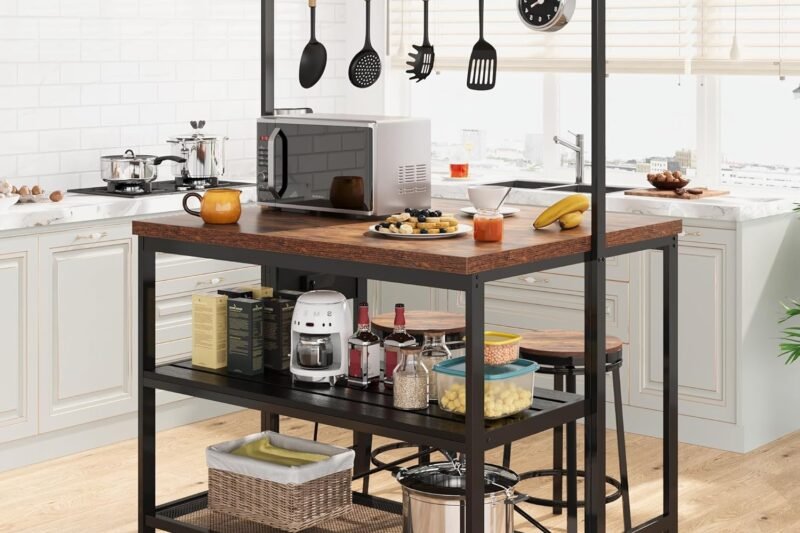 GarveeHome 47 in Kitchen Island with Power Outlet & Storage – Large Bakers Rack, Microwave Stand with 3-Tier Shelves & 5 Hooks for Pantry Organization