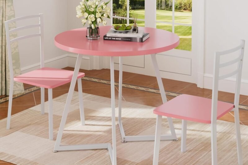 VECELO Small Round Dining Table Set for 2, Wood Tabletop with Strong Metal Frame, Modern Dinette with Chairs for Kitchen, Breakfast Nook Living Room, Pink & White