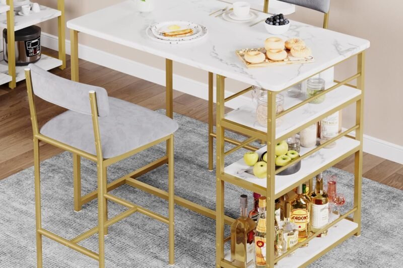 Garvee Small Dining Table Set for 2 with Upholstered Bar Stools, Counter Height Kitchen Table Set with 3 Storage Shelves, Bar Table and Chairs Set for Studio, Apartment, Small Spaces, Marble White