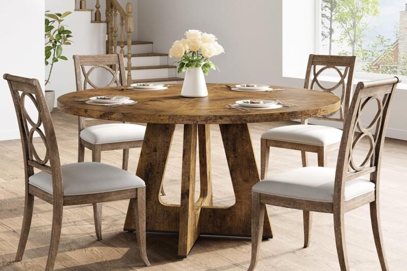 GarveeHome 47-Inch Round Large Dining Table, Wooden Kitchen Table Set for 4 to 6, Farmhouse Dinner Table with Wooden Top and Legs for Home Dining Room or Living Room – Rustic Brown(Only Table)