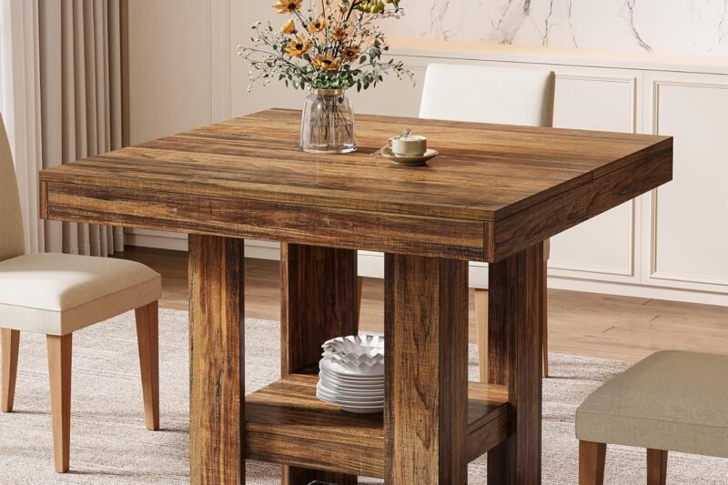Tribesigns 31.5″ Square Dining Table for 4, Small Kitchen Table with Shelf Storage, Compact Dining Room Furniture for Apartments, Offices, Living Rooms, Restaurants, Brown