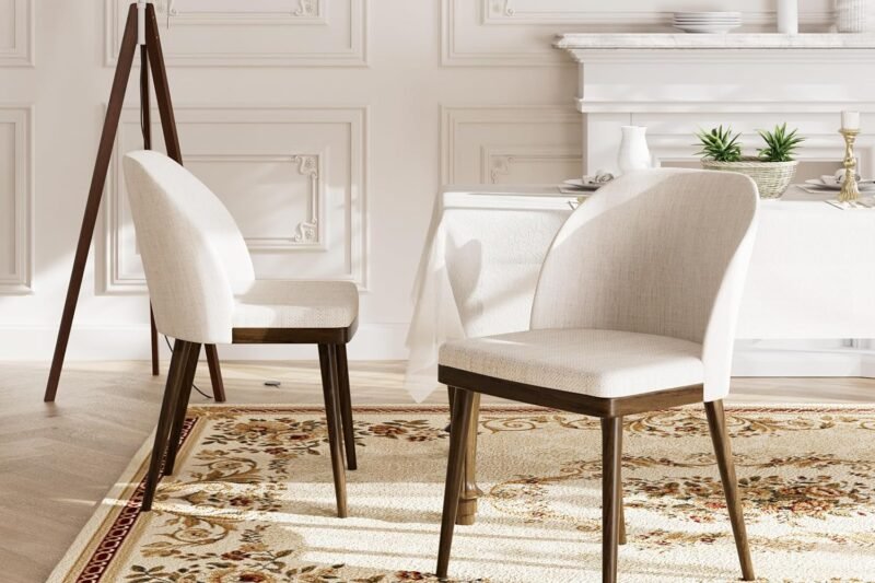 Upholstered Dining Chairs Set of 2 – Modern Dining Room Chairs, Mid-Back Restaurant Kitchen Chairs with Wooden Legs, Beige