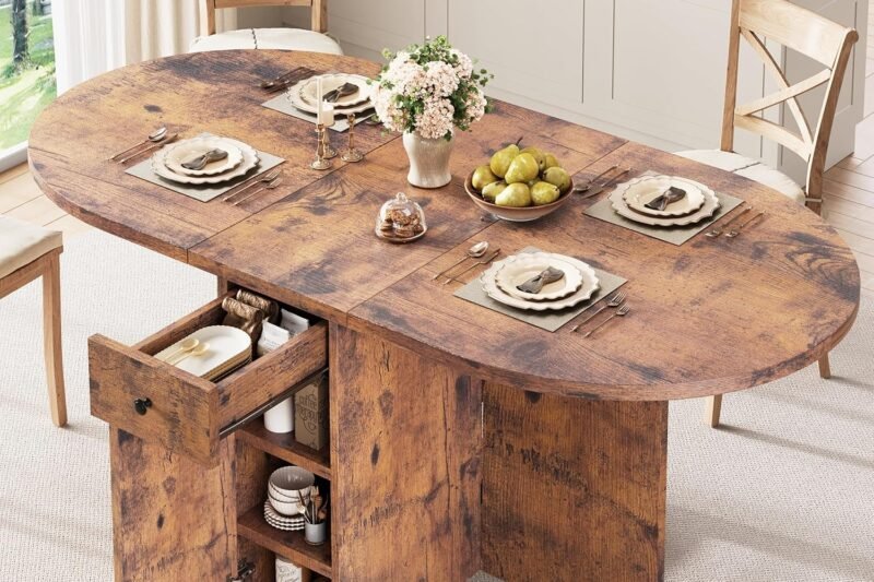 Folding Dining Table for 4 Kitchen Dining Room DinnerTable with Storage Drawer Space Saving Oval Foldable Drop Leaf Gateleg Furniture for Small Space (Vintage, 47 * 23.6 * 30)