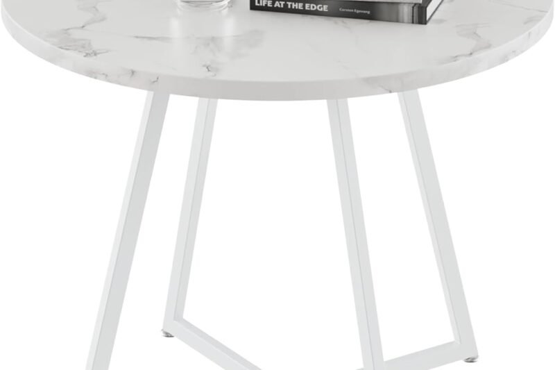 VECELO Round Dining Room Table with Wood Grain Tabletop and Steel Frame, for Kitchen, Living Room, Office, Conference, 2 to 4 Person, Fuax Marbled & White