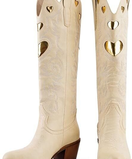 Cowboy Boots for Women Wide Calf Round Toe Chunky Stacked Heel Knee High Cowgirl Boot Heart Pattern Classic Embroidered Tall Western Booties Pull On