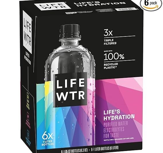 LIFEWTR Premium Purified Water, pH Balanced with Electrolytes, 100% recycled plastic bottles, 33.8 Fl Oz, 1L (Pack of 6)