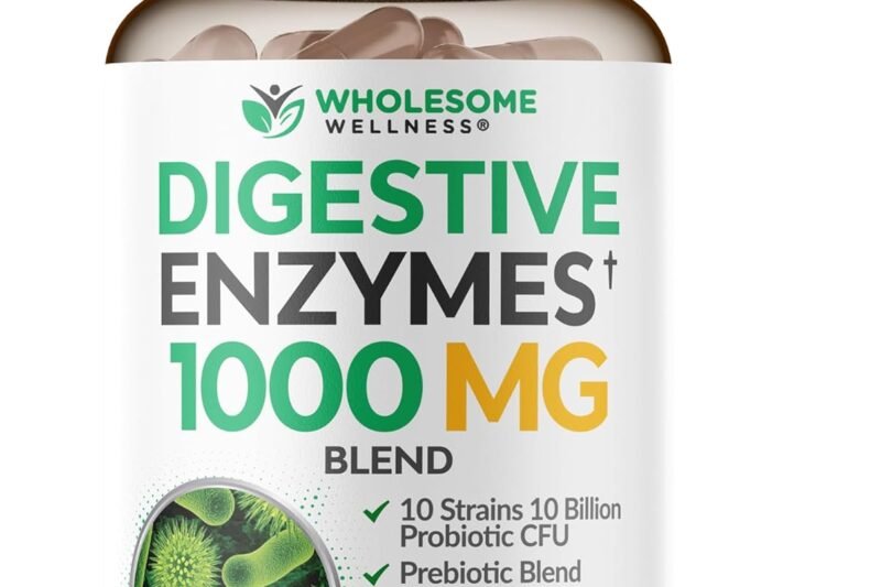Wholesome Wellness Digestive Enzymes 1000MG Plus Prebiotics & Probiotics Supplement, 180 Capsules, Organic Plant-Based Vegan Formula for Digestion & Lactose with Amylase & Bromelain,3-6 Months Supply